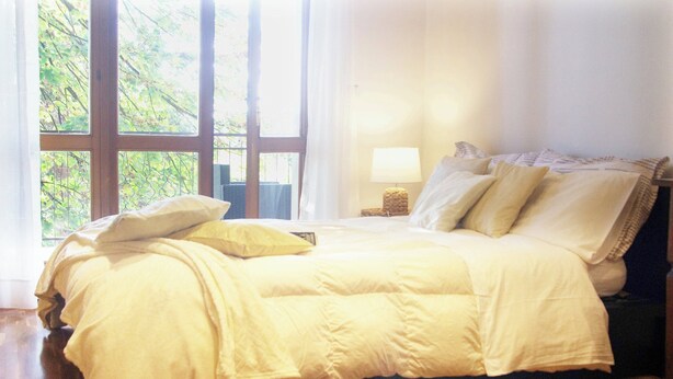 Una cama bien hecha con edredón blanco y almohadas, una lámpara de noche y vistas a la vegetación a través de amplios ventanales.
