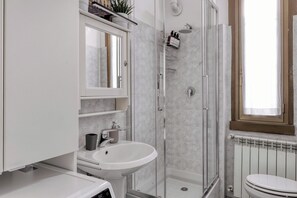 Shower, hair dryer, bidet, towels