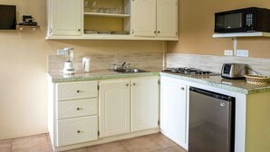 A kitchen with white cabinets, a blender, a toaster, a microwave, and a dishwasher. - The Hamlet Suites - Bright and spacious Studio Apartment 1 (Gros Islet)