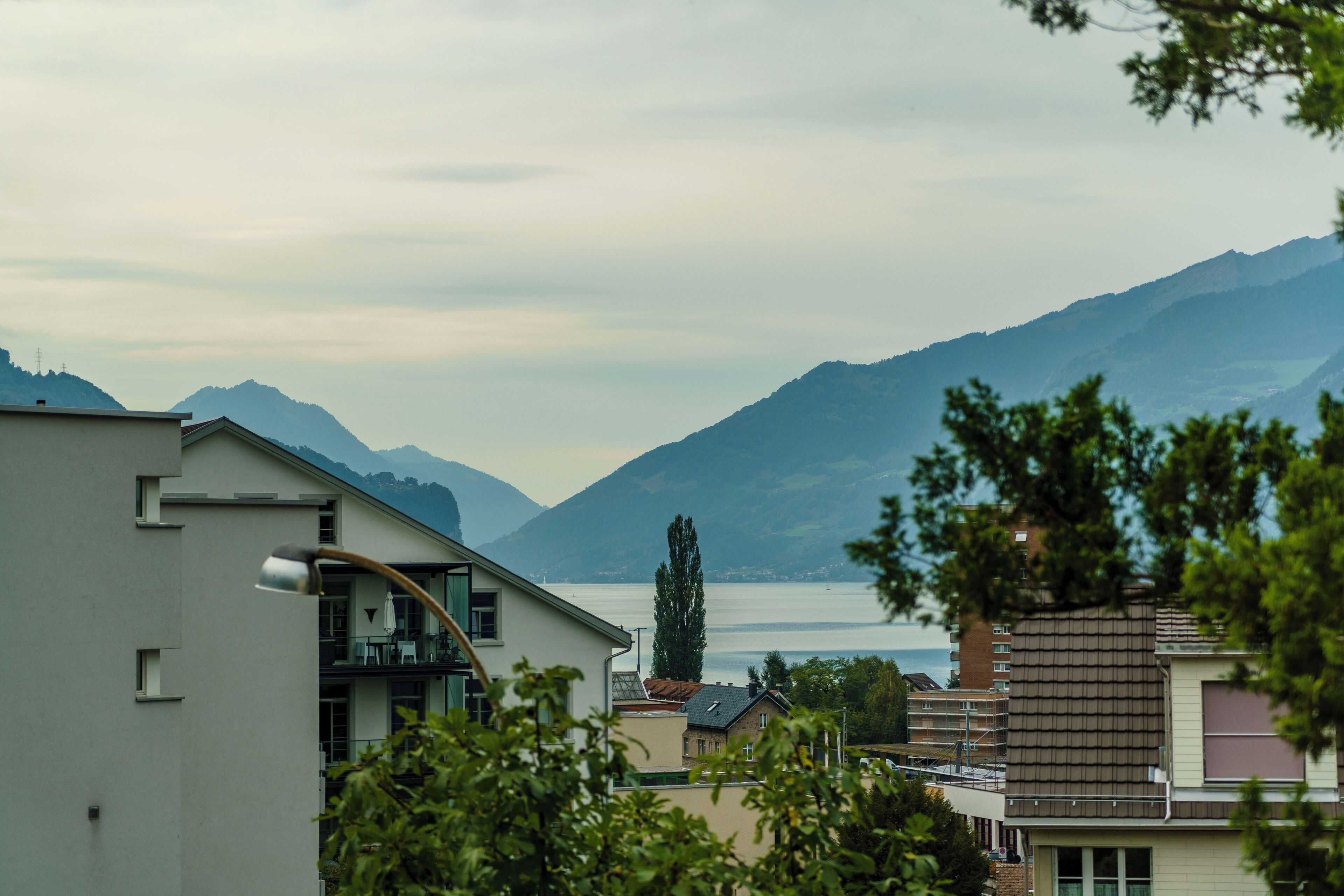 A residential area with a view of mountains and a lake.