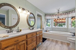 Shower, jetted tub, hair dryer, towels