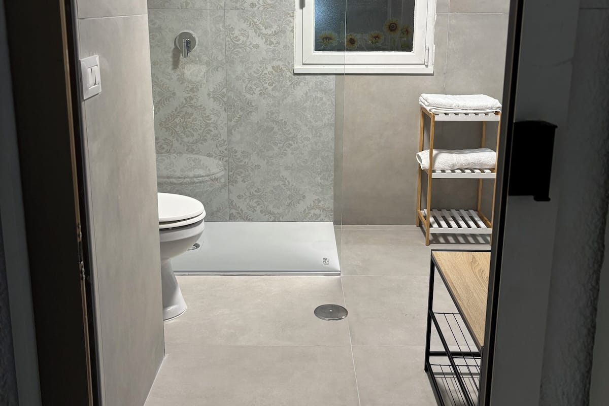 A bathroom with a toilet, a shower, and a small window.