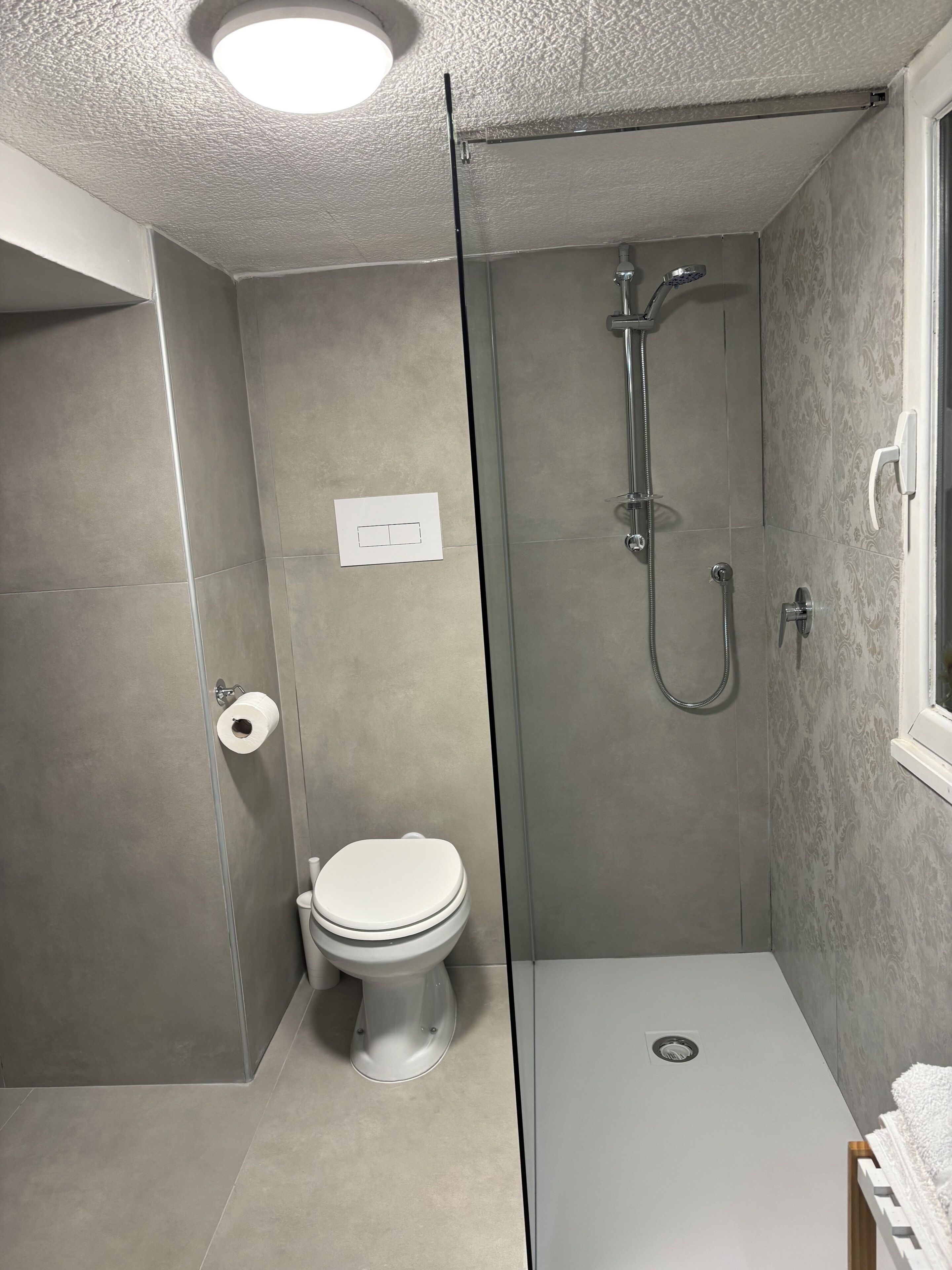 A modern bathroom with a toilet, a shower with a glass door, and a towel rack.