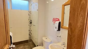 Shower, towels, soap, toilet paper