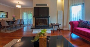 Smart TV, fireplace, books, printers