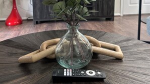 Ett vardagsrum med en glasvas som innehåller gröna växter, placerad på ett träbord. Bredvid ligger en svart fjärrkontroll, en röd lampa står på bordet och i bakgrunden syns en tv.