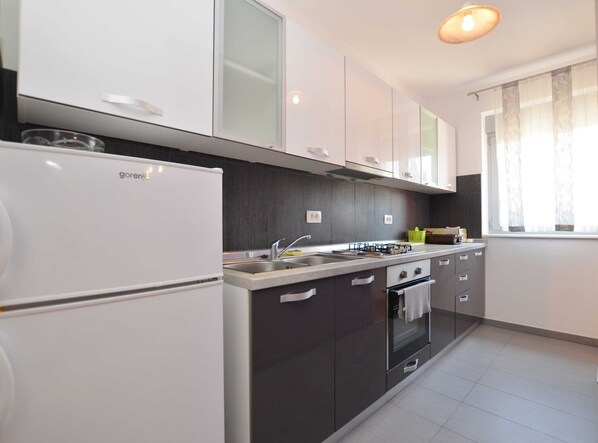 Fridge, oven, stovetop, cookware/dishes/utensils