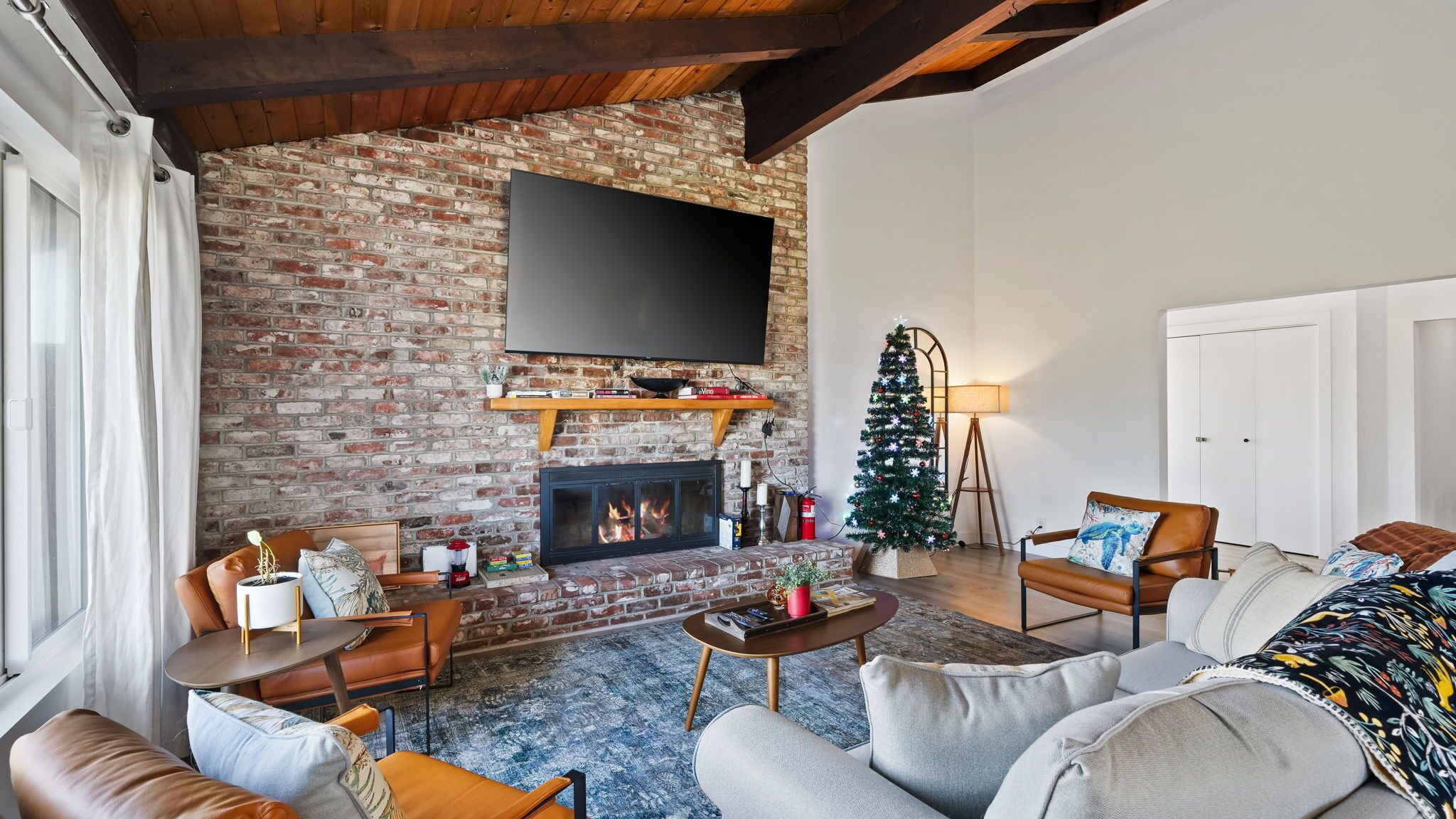 Smart TV, fireplace, books