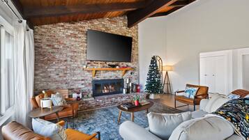 Smart TV, fireplace, books