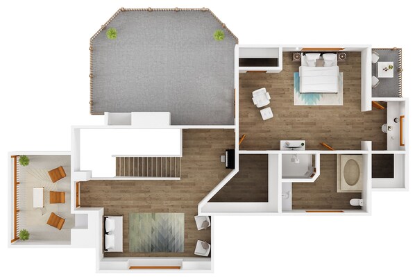 A modern hotel layout with a central living area, a separate bedroom, a bathroom, and a small dining area. - Big Sam's Riverside Retreat (Stanfield)