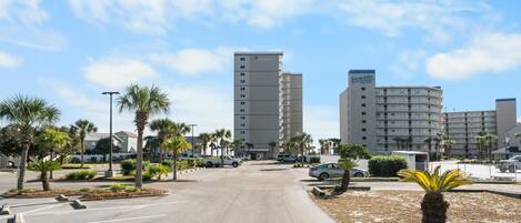 A parking lot with multiple cars, palm trees, and buildings in the background.