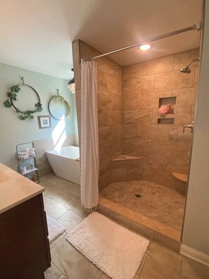 Hair dryer, towels, soap, toilet paper