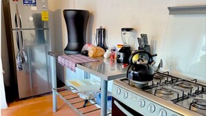 Una cocina compacta con estufa a gas, horno, refrigerador y cafetera sobre la encimera.