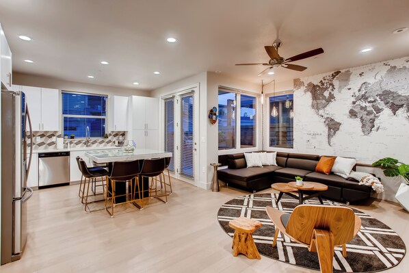 Townhome, Multiple Beds, Hot Tub, Mountain View (908 Jerome 1 and 4 - Group Listing) | Living area | 50-inch flat-screen TV with digital channels, fireplace - Old Town Group Retreat - New to Brewery District! (Fort Collins)