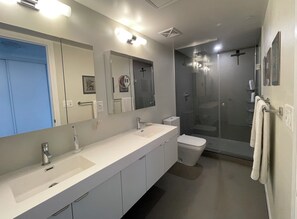 Shower, hair dryer, towels, soap