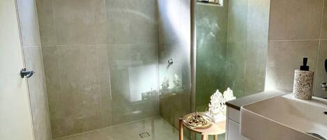Hair dryer, towels, soap, toilet paper