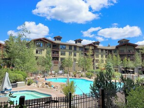 Outdoor pool, a heated pool - 3-bedroom Penthouse in the Village/ walk to the Gondola/ top floor.  (Mammoth Lakes)