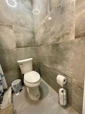 Douche, sèche-cheveux, serviettes fournies, savon