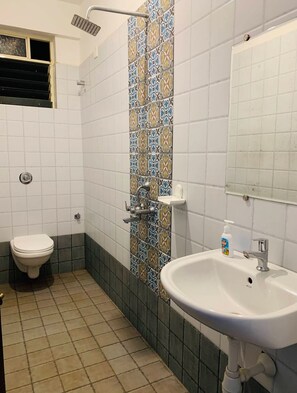 A bathroom with a toilet, a sink, a shower, and a decorative tiled wall. - The Bodhi Tree Resort (Morjim)