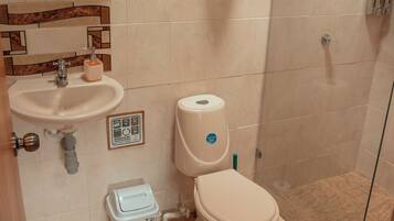 Un bagno con lavandino, WC e doccia.