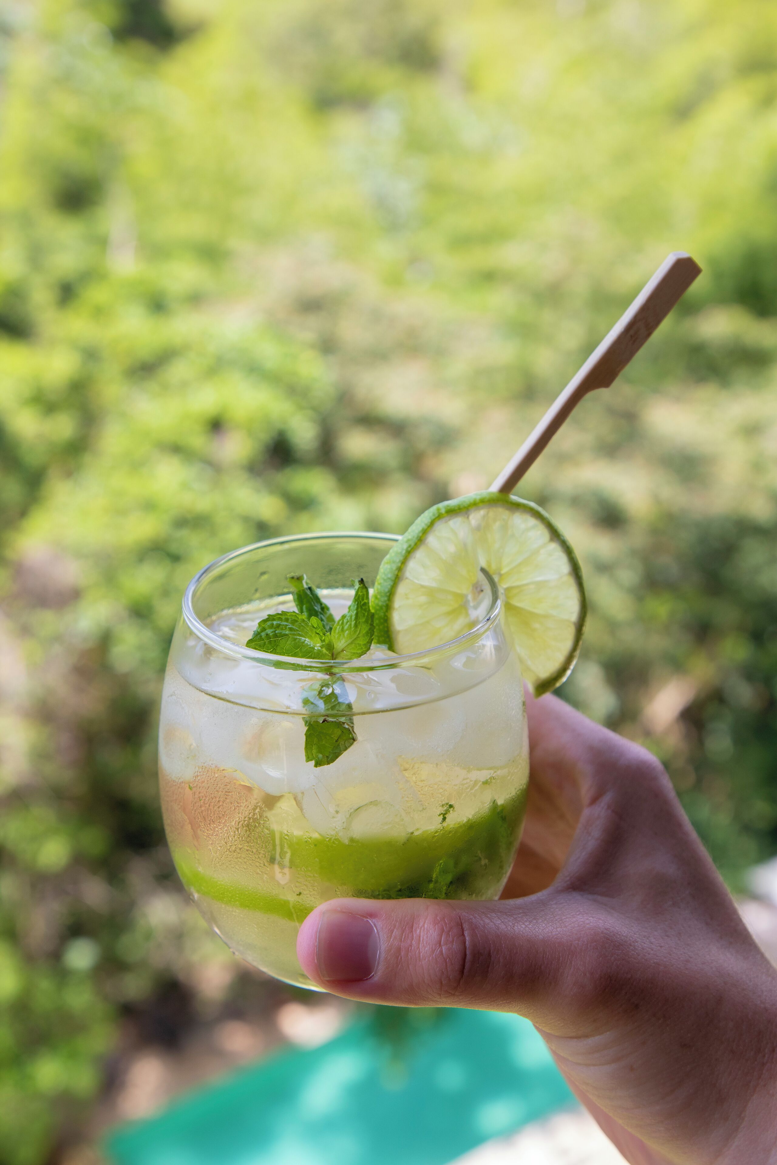 A hand holding a glass with a lime slice and mint leaves.