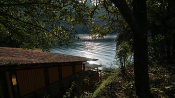 Une cabane en bois offrant une vue sur un lac, entourée d’arbres et de feuillages.
