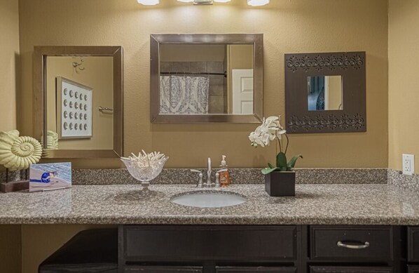 Un baño con encimera de granito, lavamanos, espejo y planta decorativa.