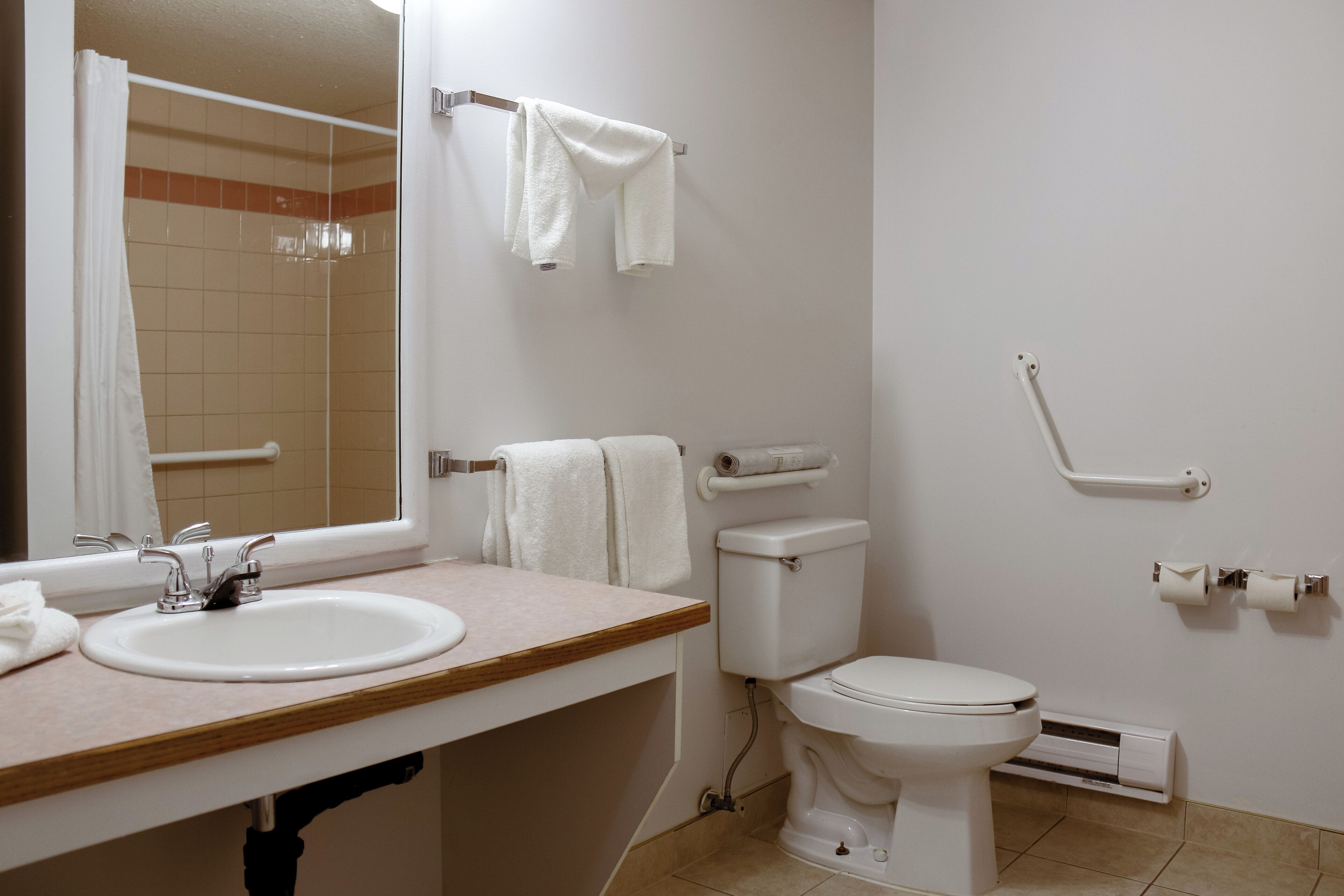 Une salle de bain avec un lavabo, des toilettes et un miroir.