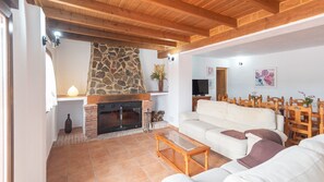 Télévision, cheminée, lecteur de DVD, table de tennis de table