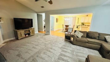 Smart TV, chimenea, reproductor de DVD y libros