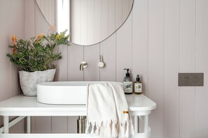 Une salle de bain avec un lavabo blanc, un miroir rond, une plante en pot et deux flacons de savon pour les mains.