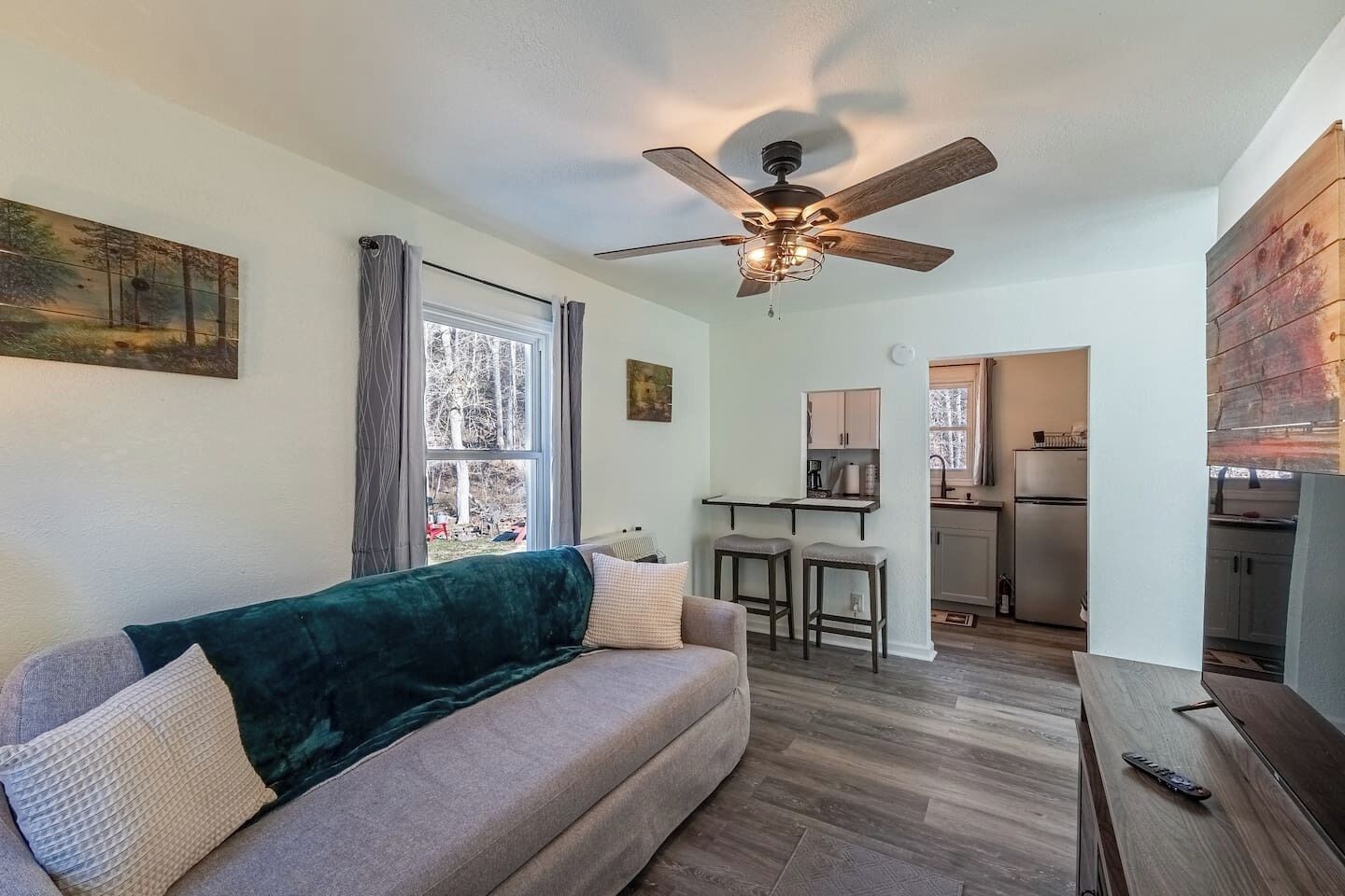 TV connectée, cheminée, livres