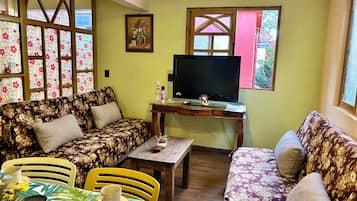 Departamento familiar, vista al jardín | Área de sala de estar | Smart TV de 60 pulgadas con canales digitales y Netflix