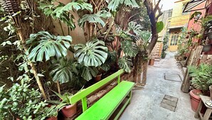 A narrow outdoor corridor with a green bench, potted plants, and a brick wall. - SiempreViva Hospedaje By GEstores (Chignahuapan)