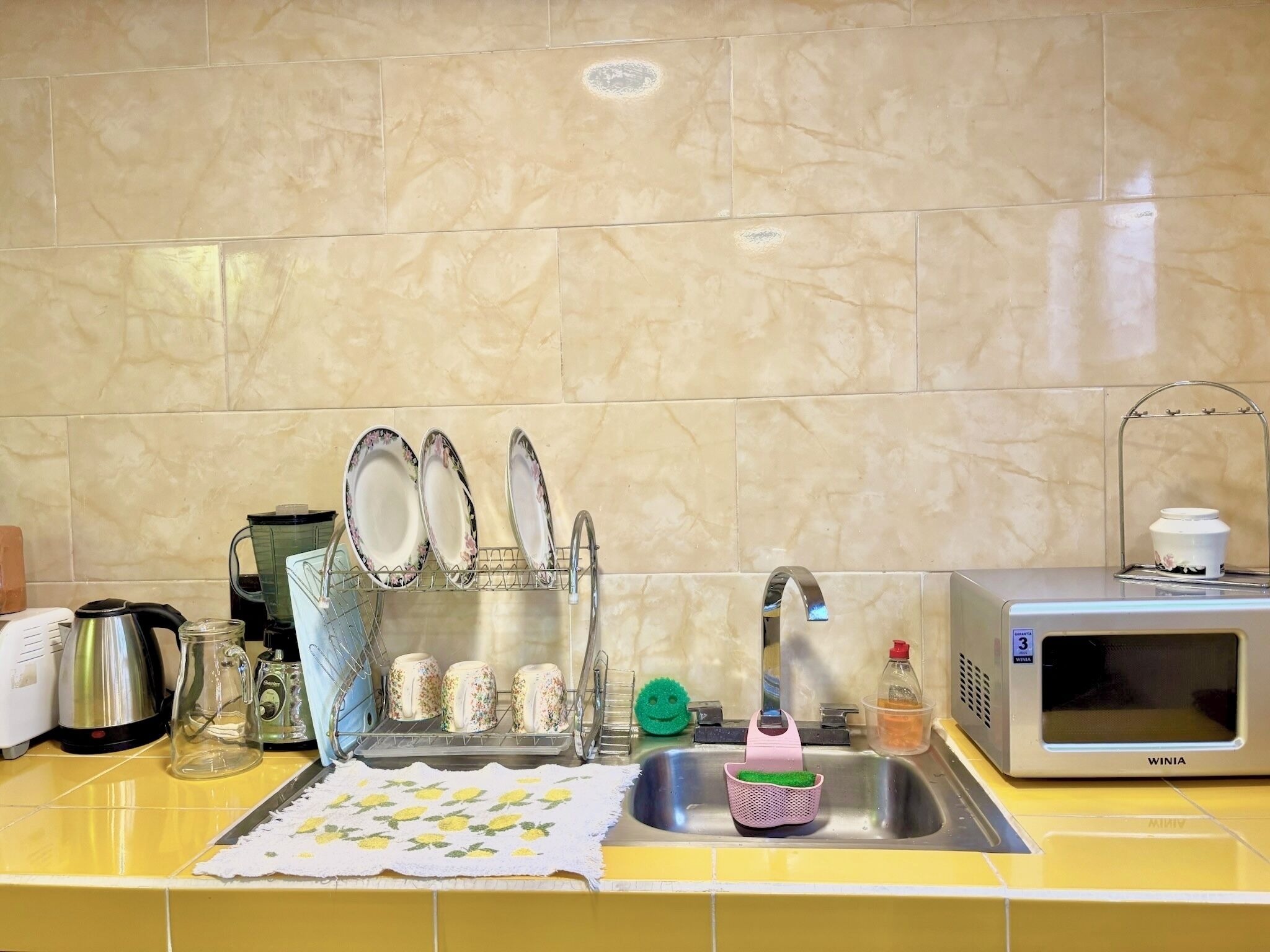 A kitchen with a sink, a microwave, and a dish rack.
