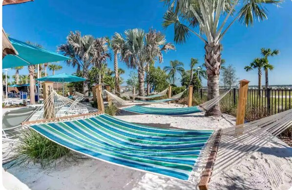 A beach with hammocks and palm trees.
