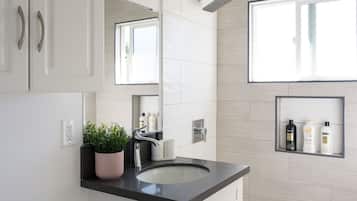 Shower, hair dryer, towels