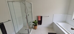 Shower, hair dryer, towels, soap
