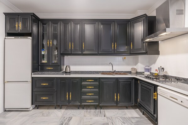 Fridge, microwave, stovetop, coffee/tea maker