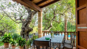 Un patio al aire libre con una mesa y sillas, rodeado de macetas con plantas y árboles.