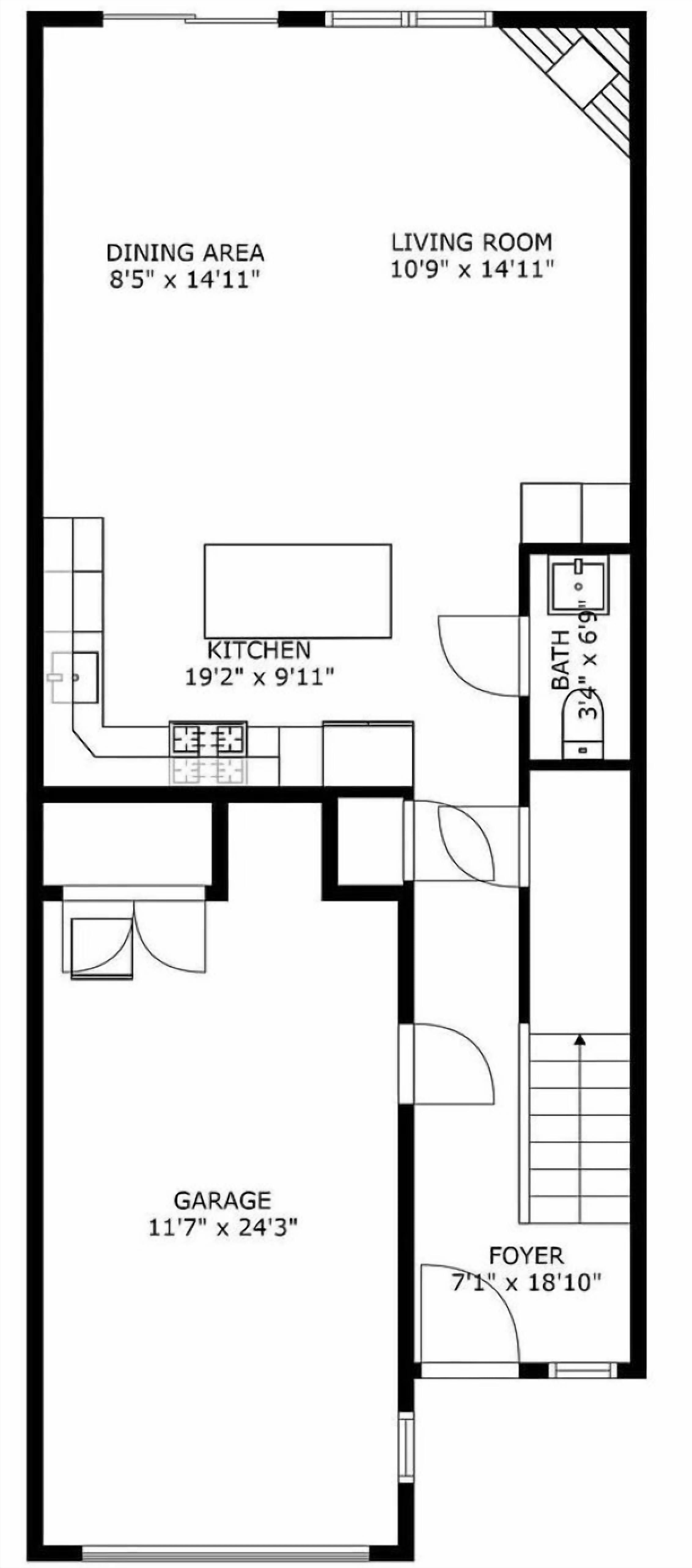 Grundriss eines Hauses mit Essbereich, Wohnzimmer, Küche, Bad, Garage und Eingangsbereich.
