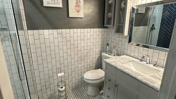 Regadera, secadora de cabello, bidet, toallas