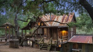 A rustic wooden cabin with a porch, surrounded by trees.