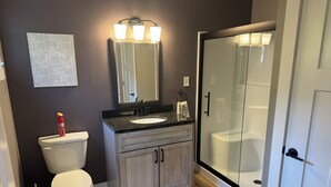 A modern bathroom with a toilet, sink, mirror, and glass shower enclosure.