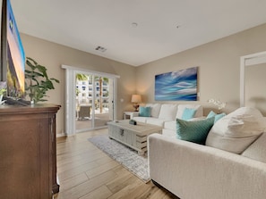 Smart TV, fireplace, music library, video library