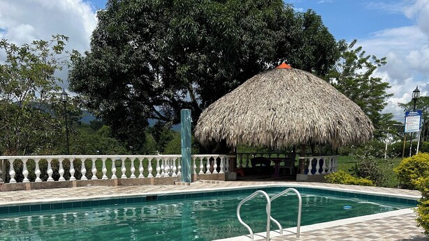 A swimming pool with clear blue water, surrounded by a tiled deck and a thatched-roof structure.
