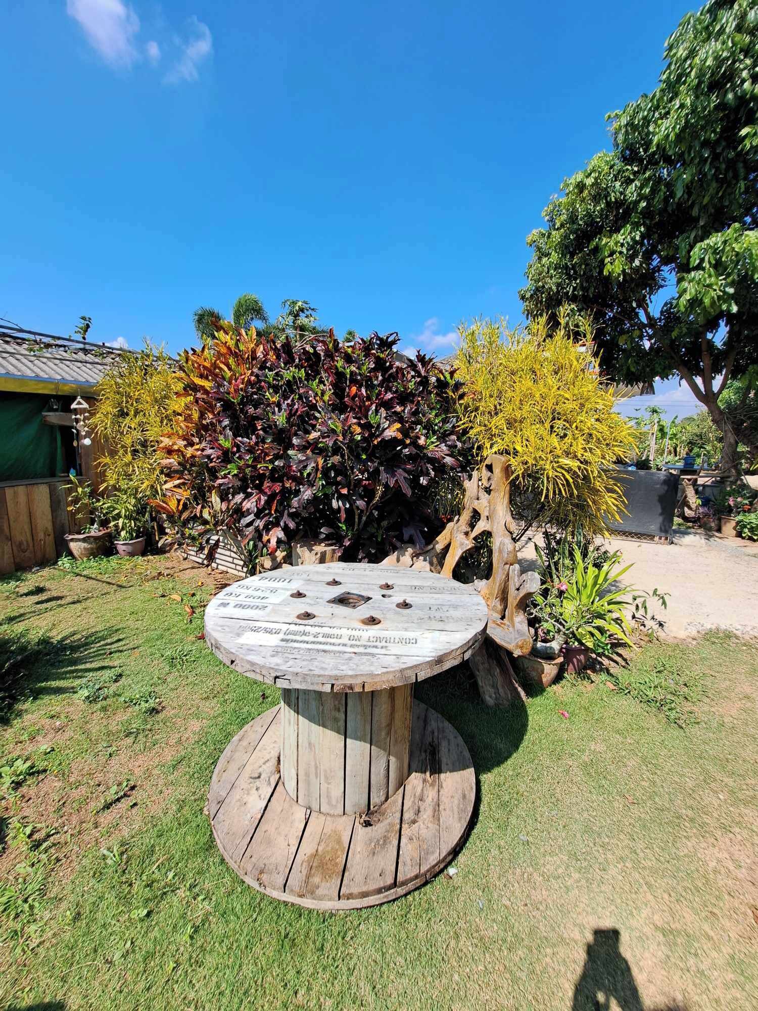 A wooden outdoor table with a plaque in a garden setting.