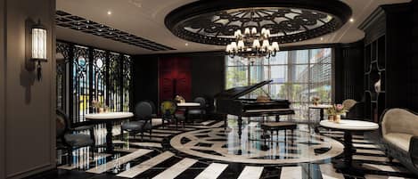 A grand lobby with a black and white checkered floor, a grand piano, and ornate wall decorations.