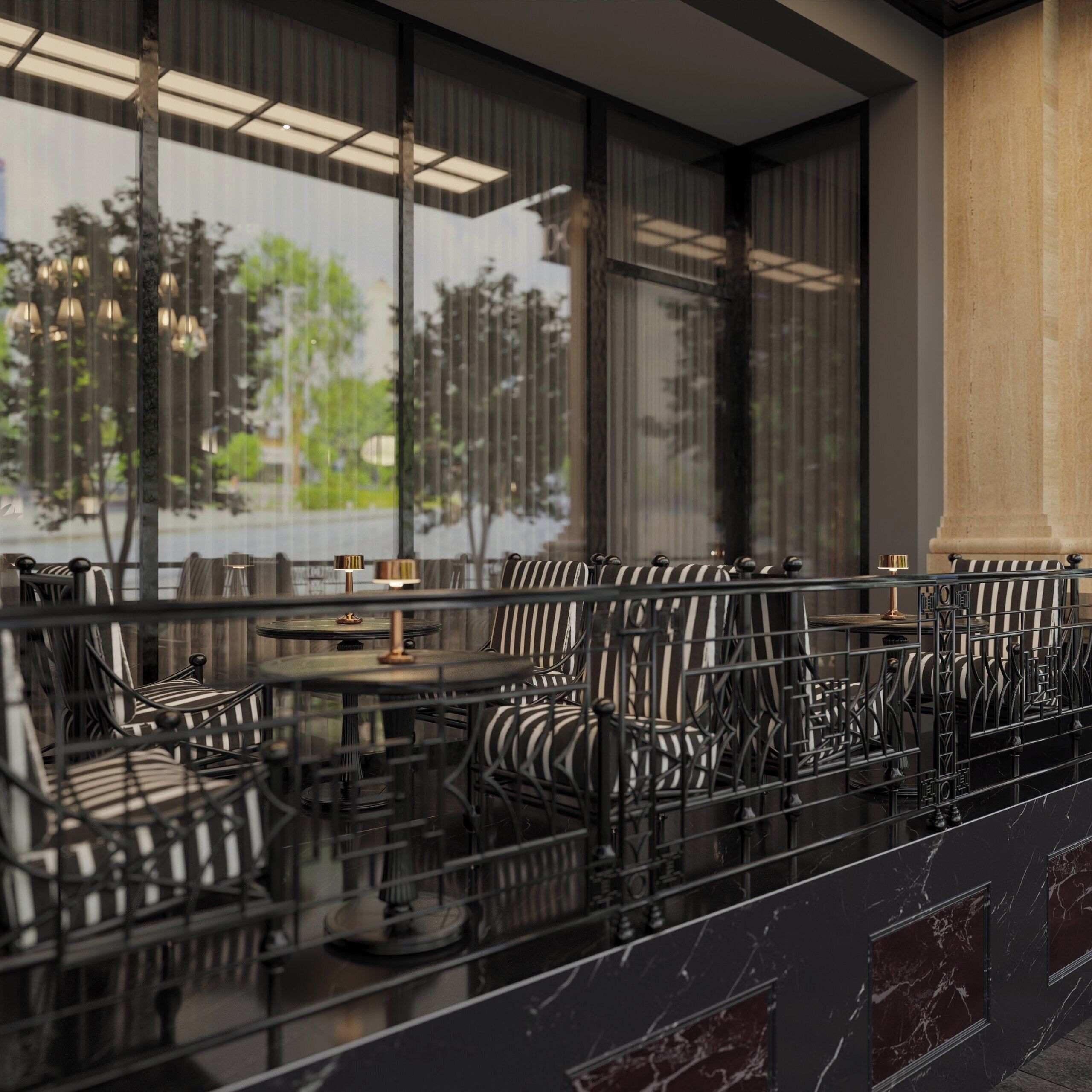 Een modern restaurant met zwart-gestreepte stoelen en tafels, grote ramen met gordijnen en uitzicht op groen buiten.