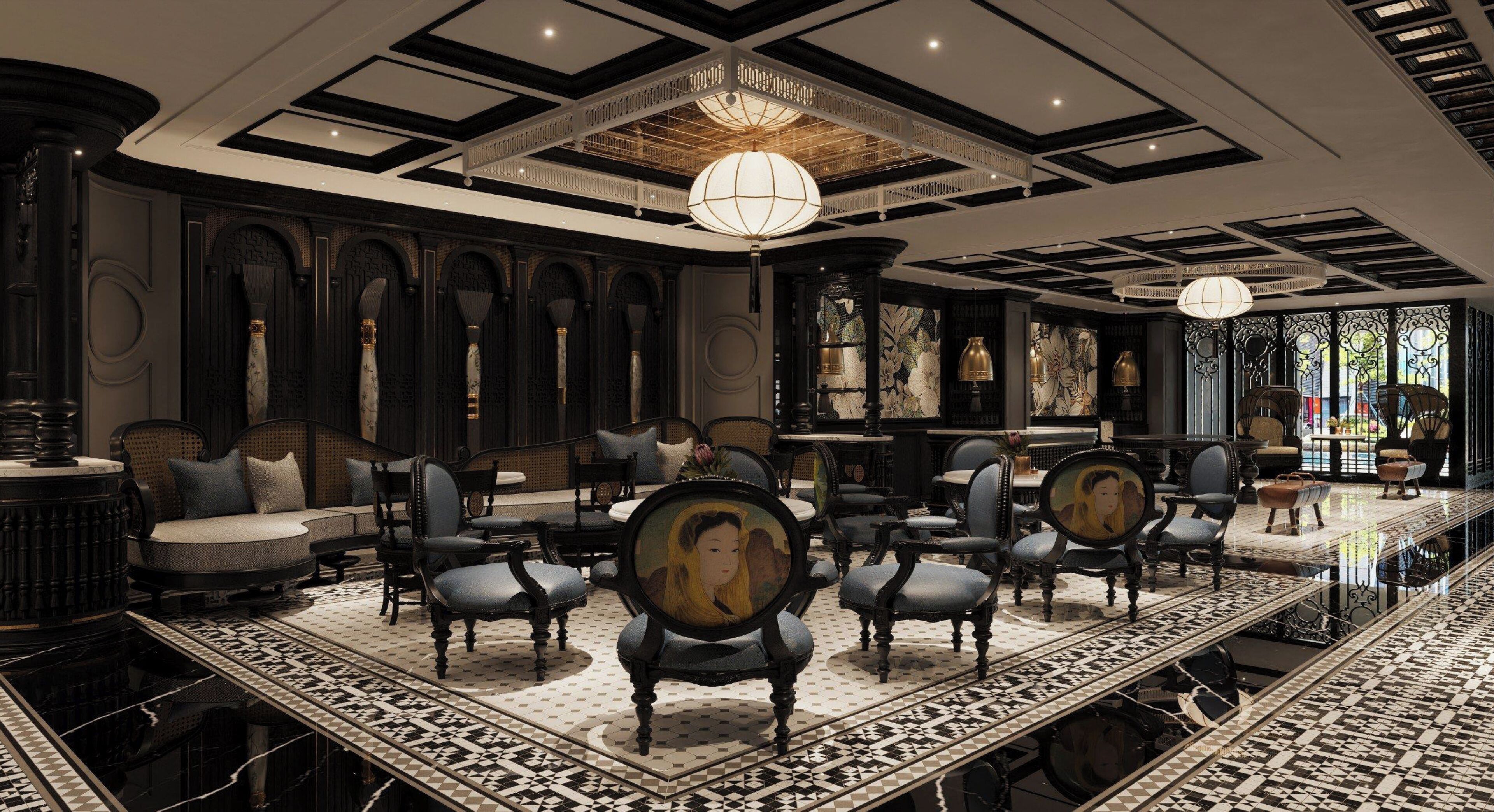 A luxurious room with ornate furniture, a patterned floor, and a chandelier.